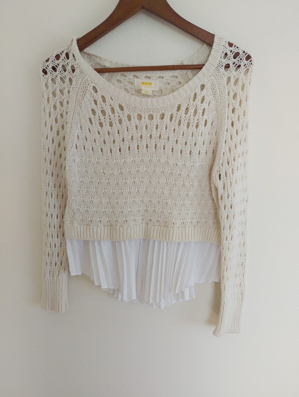 Maeve Anthropologie Cream Open Knit Layered Sweater Pleated Hem Small